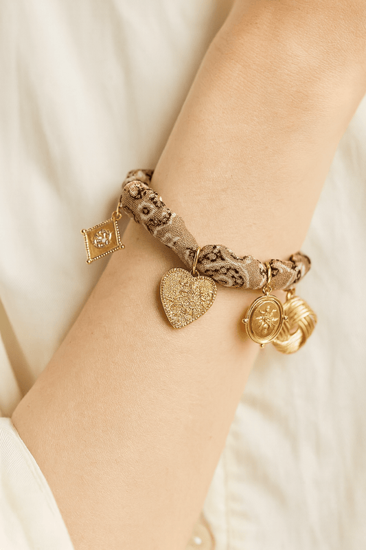 Gold Charms Fabric Bandana Bracelet – Boho Chic Gold Pendant Bracelet for Women - Blaire Shops