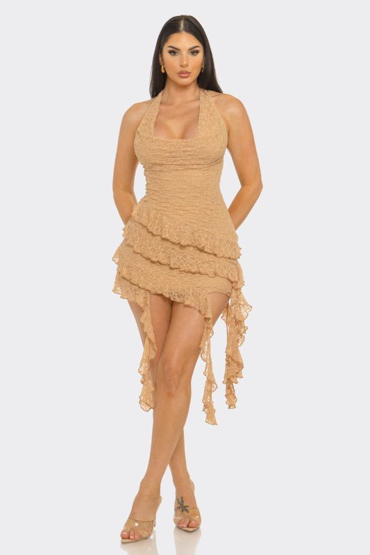 Golden Muse Halter Lace Mini Dress - Blaire Shops