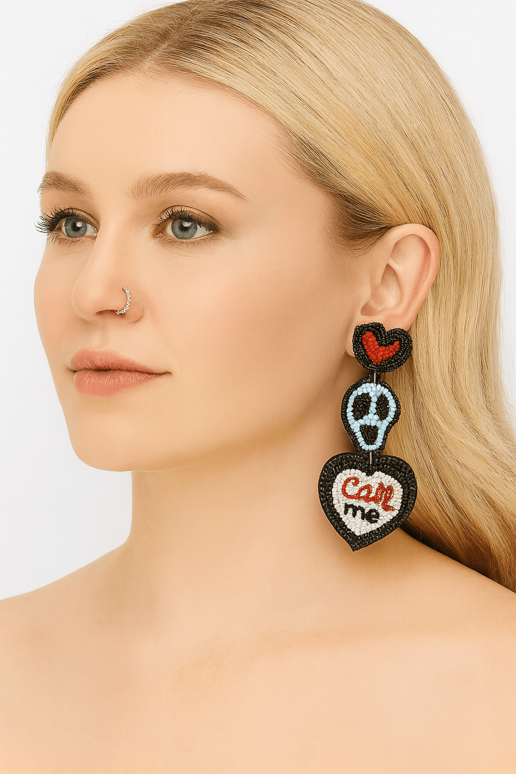 Halloween Beaded Skull Heart "Call Me" Dangle Earrings - Black EARRINGS for women Vacation Outfits Birthday Dresses Going Out Looks