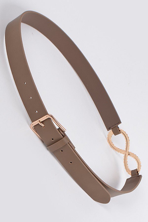 Infinite Sign Fashion Belt – Taupe Faux Leather Belt with Gold Infinity Buckle - Blaire Shops