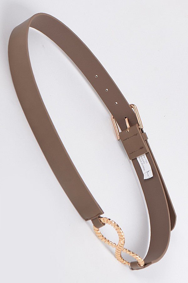 Infinite Sign Fashion Belt – Taupe Faux Leather Belt with Gold Infinity Buckle - Blaire Shops