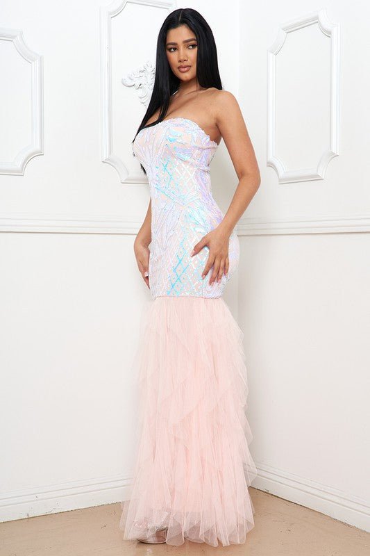 Isabella Iridescent Prom Maxi Dress With Elegant Baroque Print And Ruffled Contrast Bottom - Blaire Shops