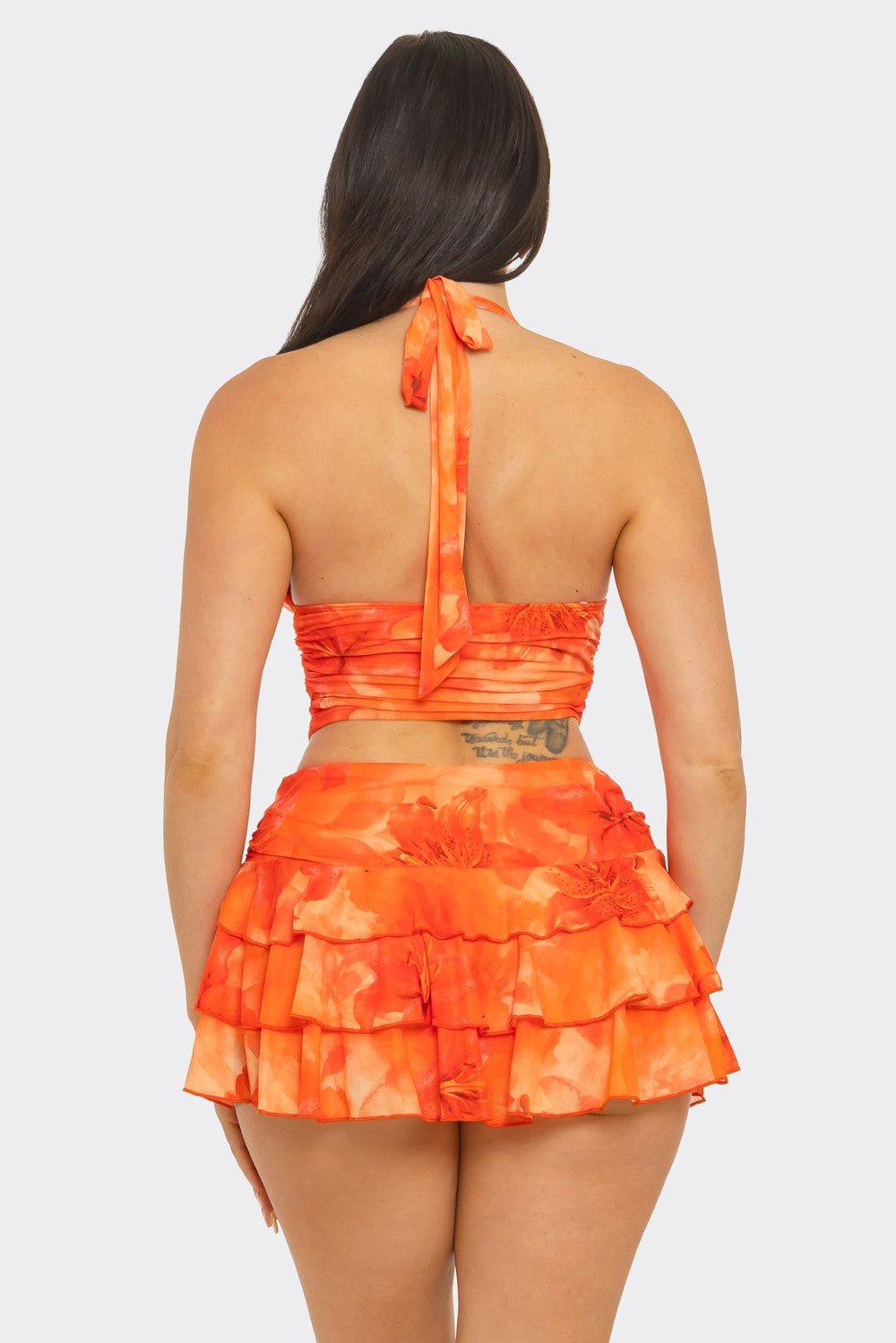 Isla Printed Halter Top And Layered Mini Skirt Set - Orange outfit for women Vacation Outfits Birthday Dresses Going Out Looks