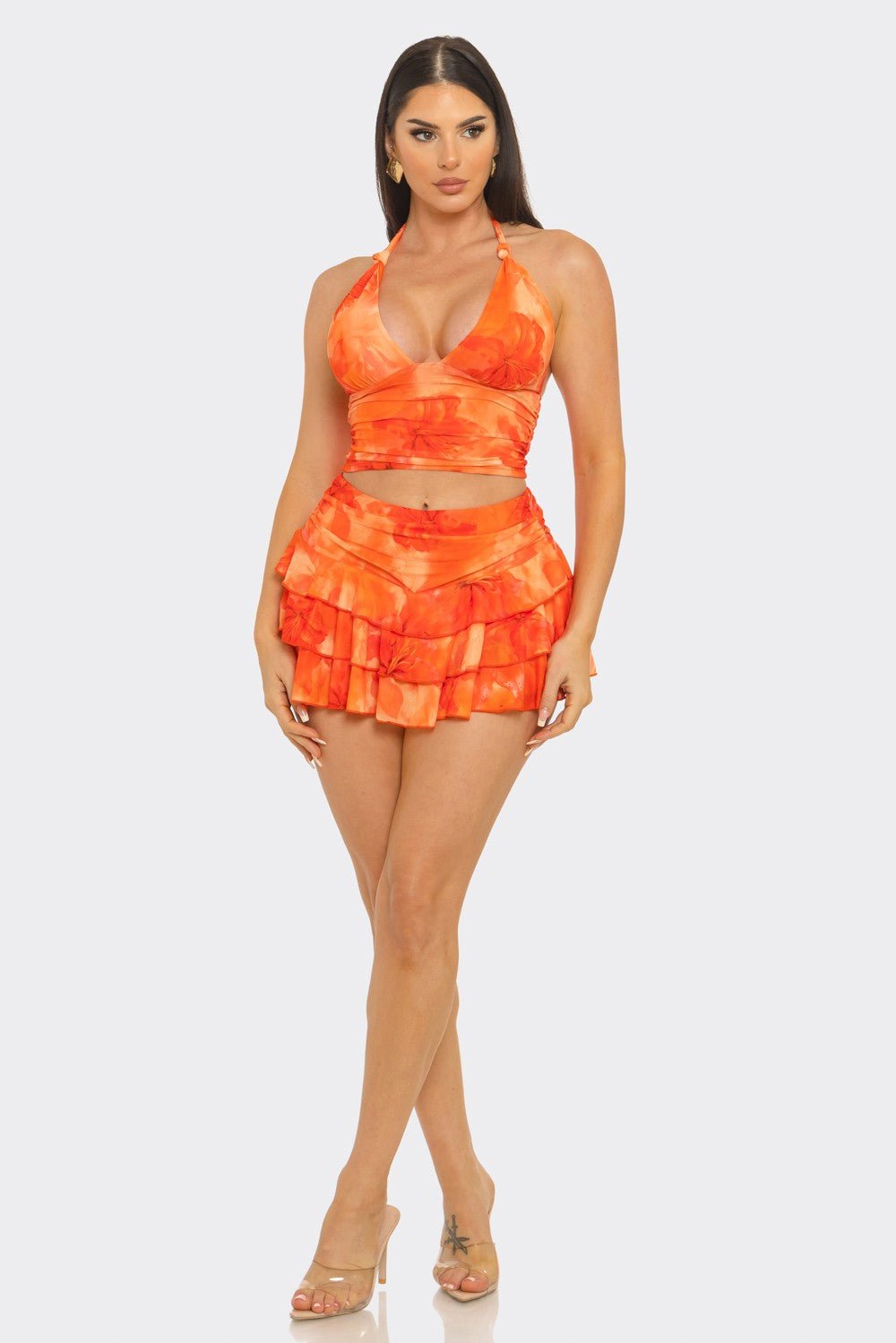 Isla Printed Halter Top And Layered Mini Skirt Set - Orange outfit for women Vacation Outfits Birthday Dresses Going Out Looks