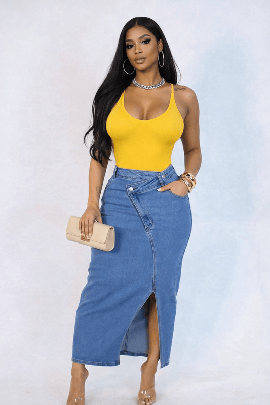 It Girl Asymmetrical High - Waist Denim Midi Skirt with Front Slit - Medium Wash bottoms for women Vacation Outfits Birthday Dresses Going Out Looks