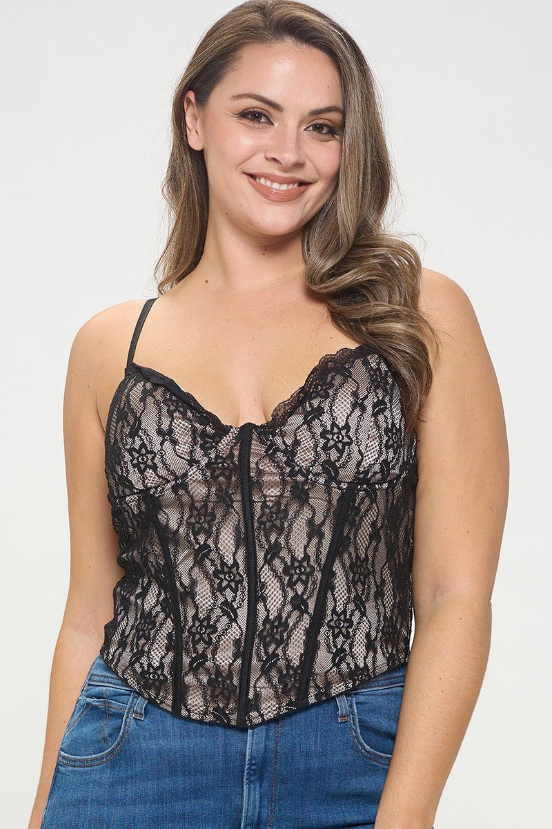 Jackie Plus Size Lace Overlay Corset Top – Adjustable Straps & Zip Back | Chic Night Out - Blaire Shops
