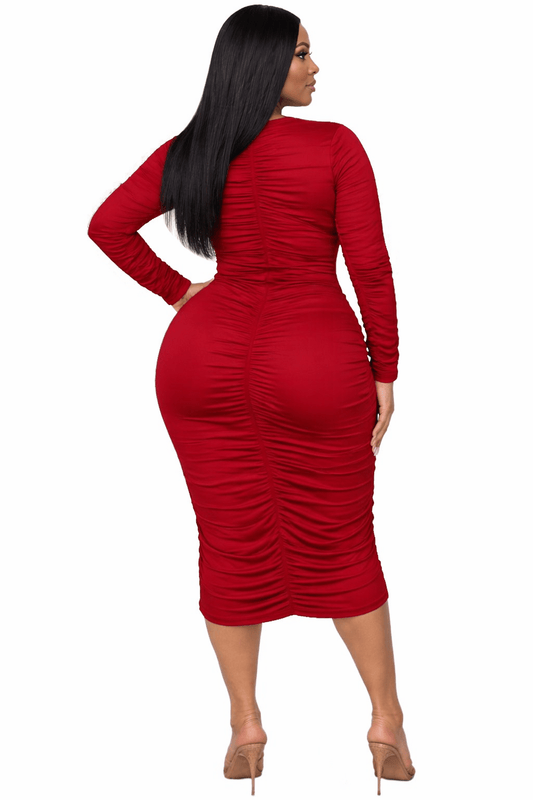 Jackie Plus Size Midi Dress - Ruched Long Sleeve Design, Flattering Fit for Every Occasion - Winery DRESS for women Vacation Outfits Birthday Dresses Going Out Looks