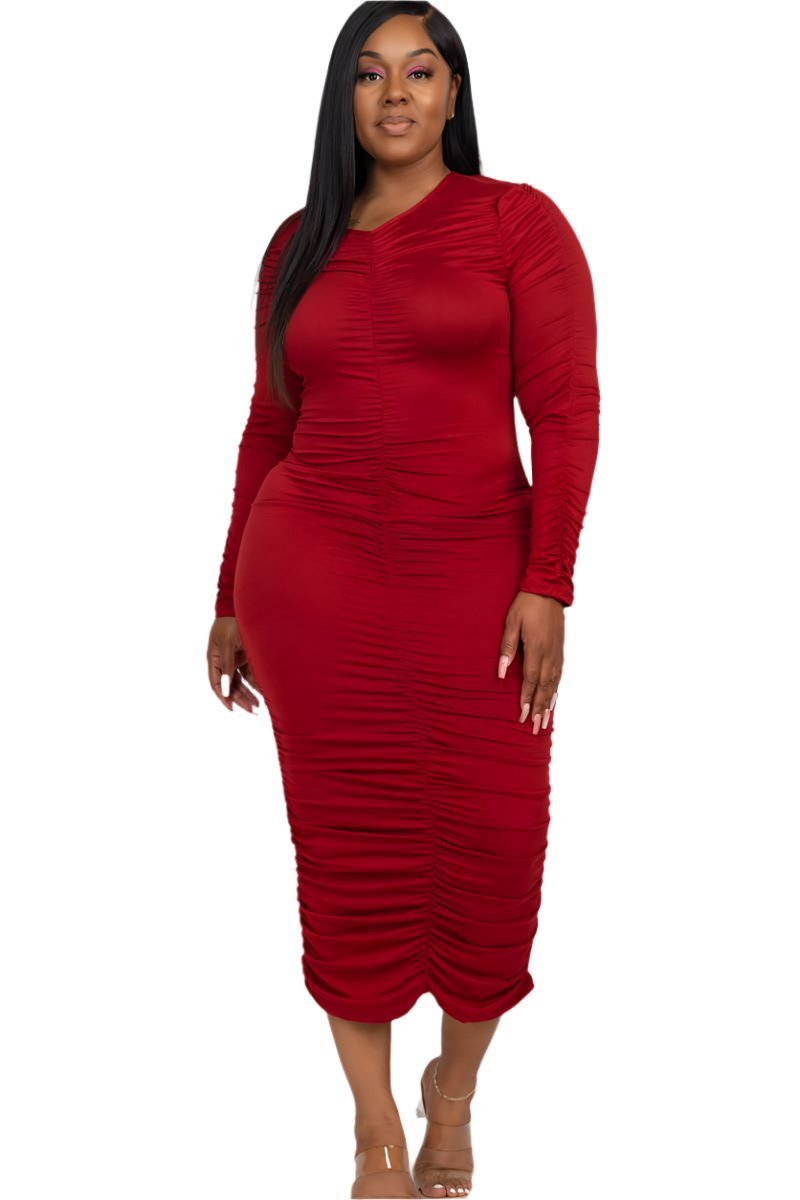 Jackie Plus Size Midi Dress - Ruched Long Sleeve Design, Flattering Fit for Every Occasion - Blaire Shops