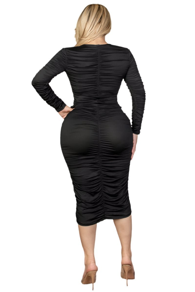 Jackie Plus Size Midi Dress - Ruched Long Sleeve Design, Flattering Fit for Every Occasion - Blaire Shops