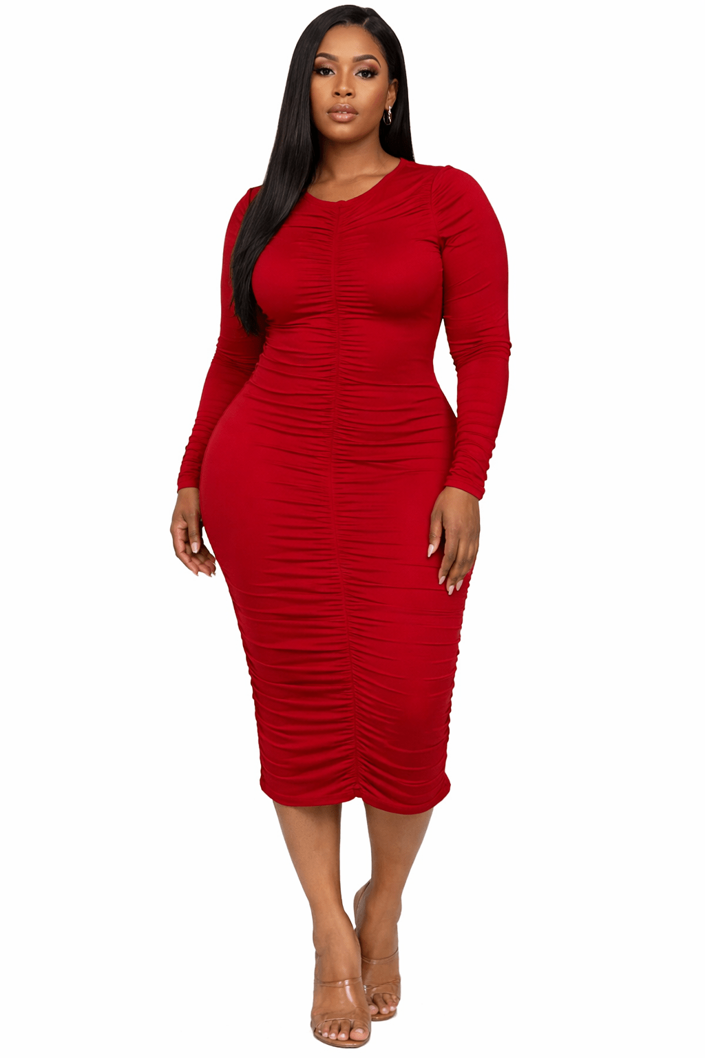 Jackie Plus Size Midi Dress - Ruched Long Sleeve Design, Flattering Fit for Every Occasion - Winery DRESS for women Vacation Outfits Birthday Dresses Going Out Looks