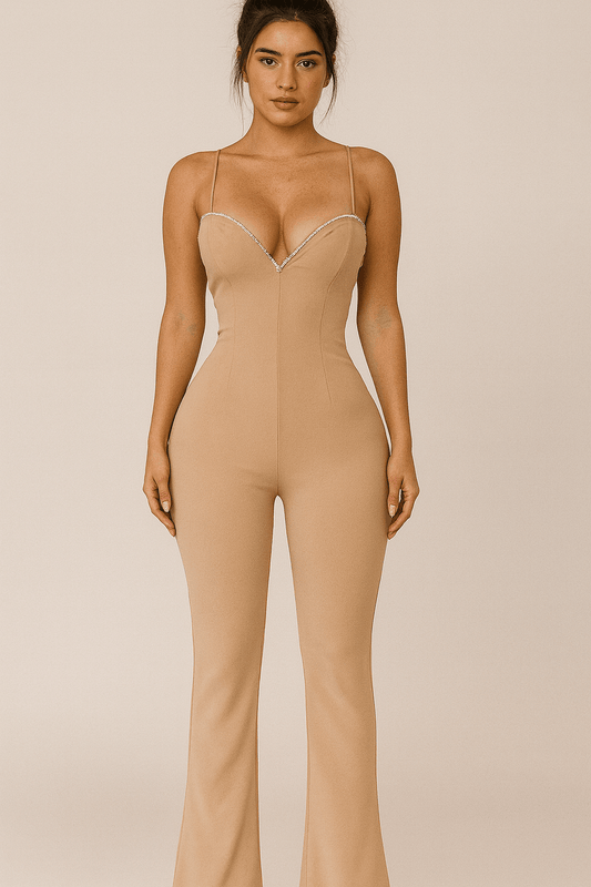 Jacklyn Sweetheart Neckline Stretch Jumpsuit With Rhinestone Details - Blaire Shops
