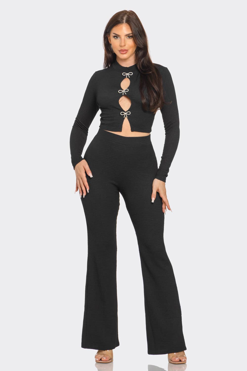 Jayla Cut Out Ribbon Jewels Crop Top And Flare Pants Set - Blaire Shops