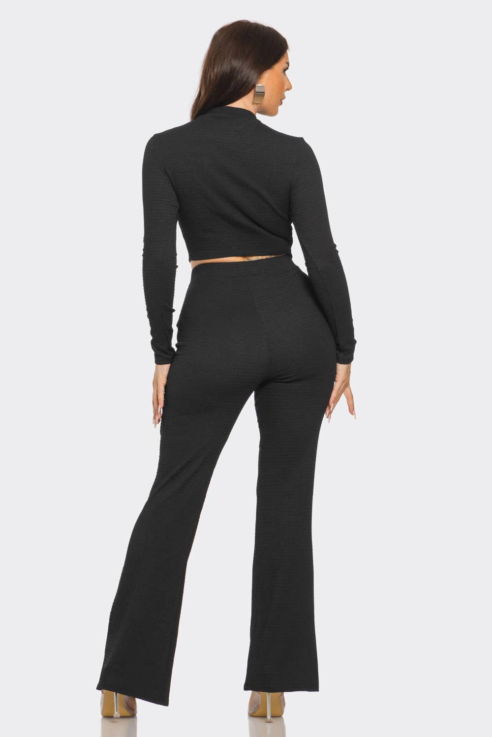 Jayla Cut Out Ribbon Jewels Crop Top And Flare Pants Set - Blaire Shops