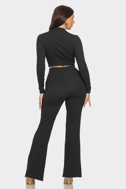 Jayla Cut Out Ribbon Jewels Crop Top And Flare Pants Set - Blaire Shops