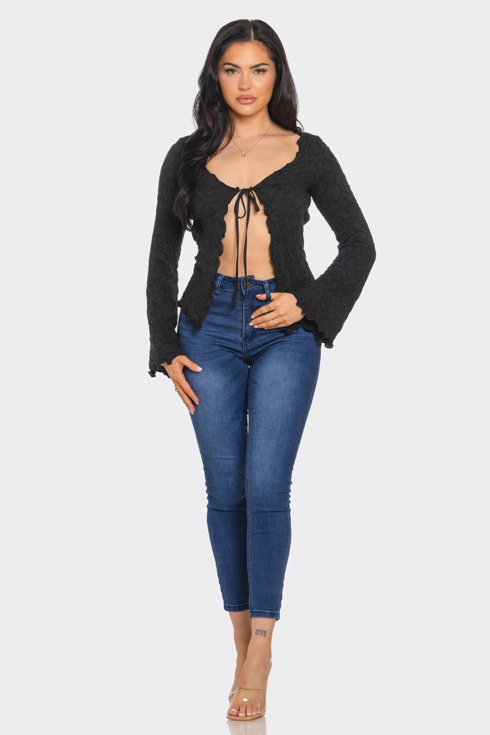 JAYLA TEXTURED LONG SLEEVE TIE FRONT CARDAGIAN - Blaire Shops