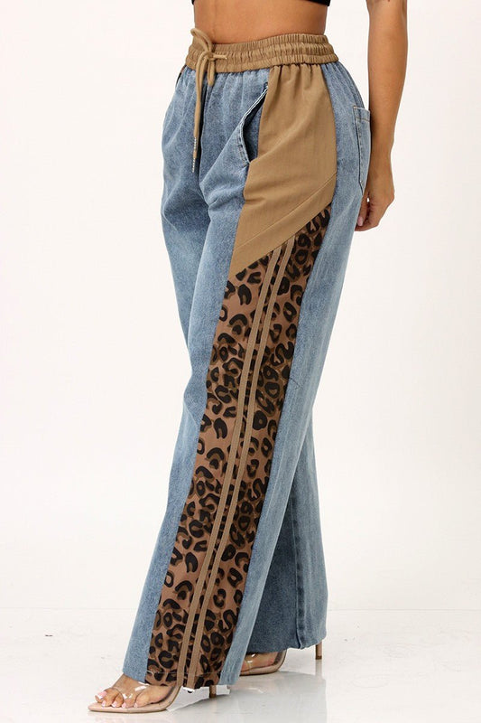 Jazmine Leopard Denim Drawstring Cargo Pants - Blaire Shops