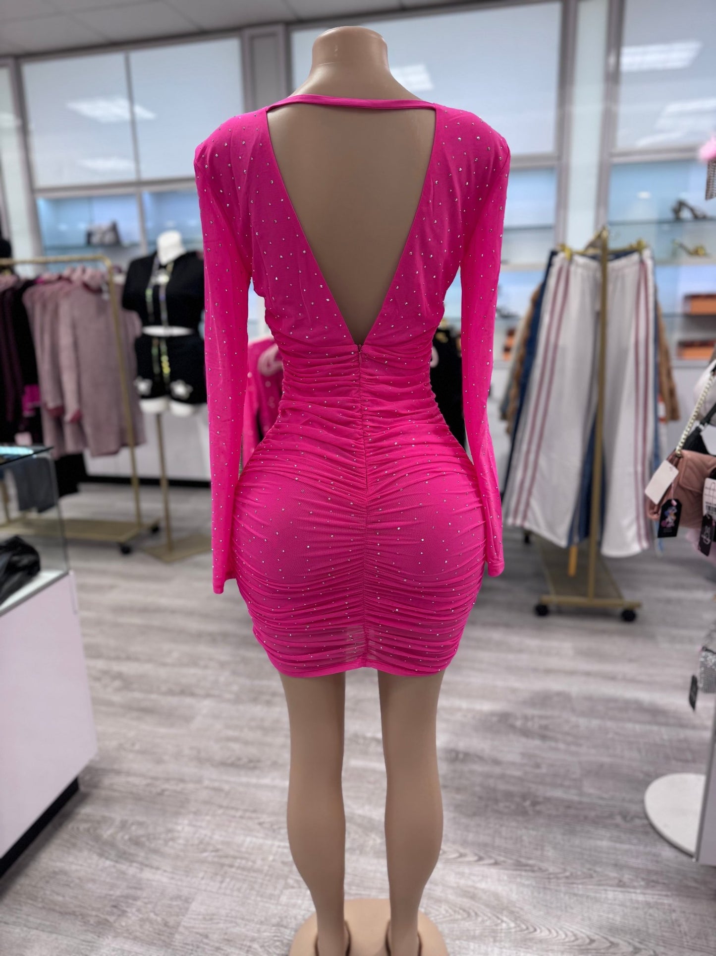 Jenny Embellished Hot Pink Rhinestone Detail V Neck Stretch Long Sleeve Dress - Blaire Shops
