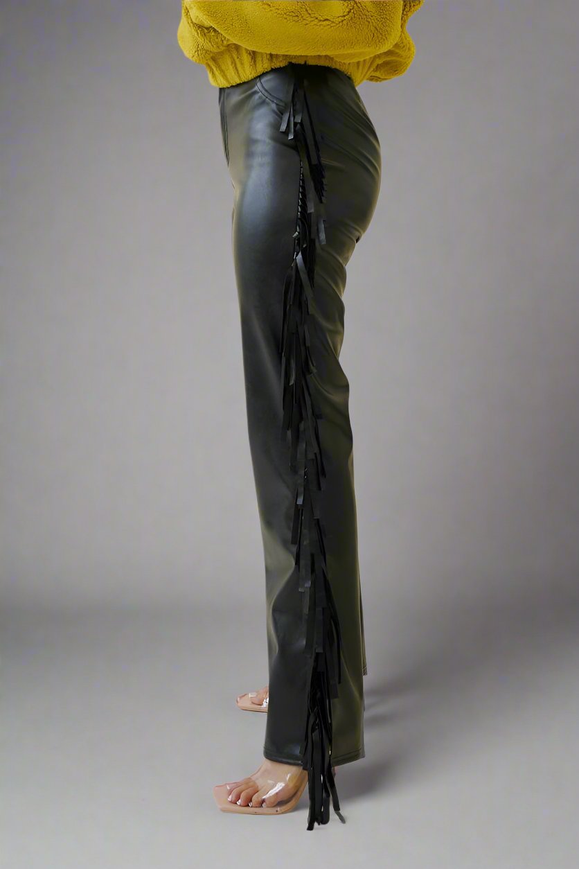 Jenny Faux Leather Fringe Detail Bell Bottom Pants - Blaire Shops