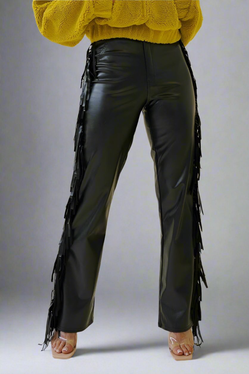Jenny Faux Leather Fringe Detail Bell Bottom Pants - Blaire Shops