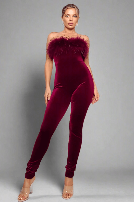 Josyln Feather Velvet Strapless Jumpsuit – Elegant Luxe Party Outfit - Blaire Shops