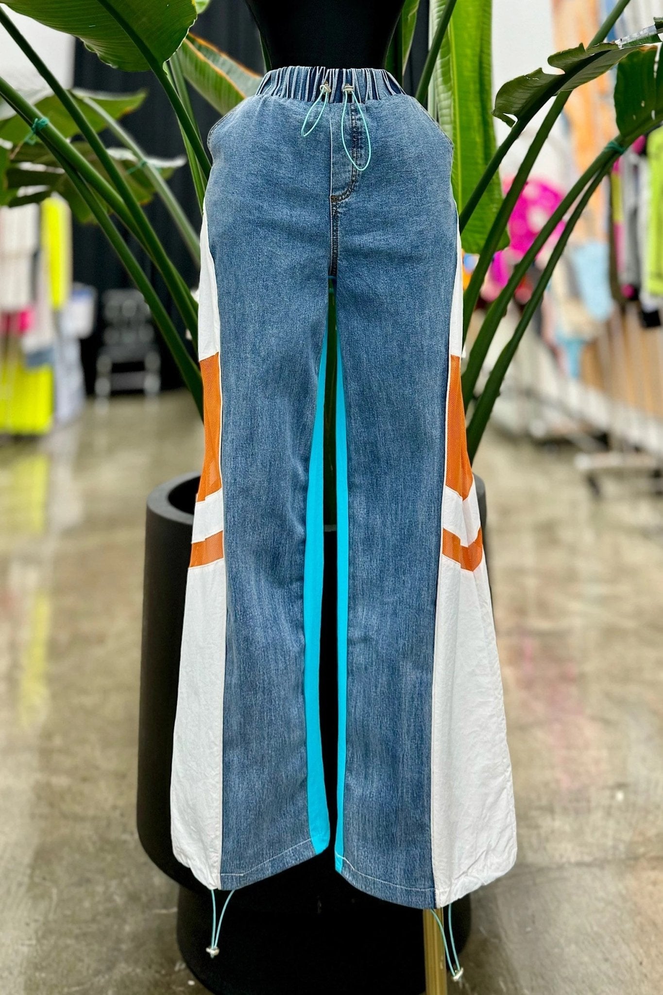 Kari Color Block Denim Jogger Cargo With Adjustable Drawstring - Blaire Shops