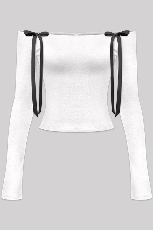 Karol Bow Long Sleeve Off the Shoulder Velvet Soft Long Sleeve Top - Blaire Shops