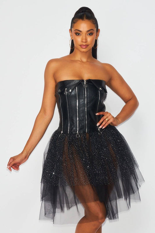Kayla Contrast Mesh Faux Leather Strapless Tutu Dress | Punk Rock Goth Glam Zipper Dress - Blaire Shops