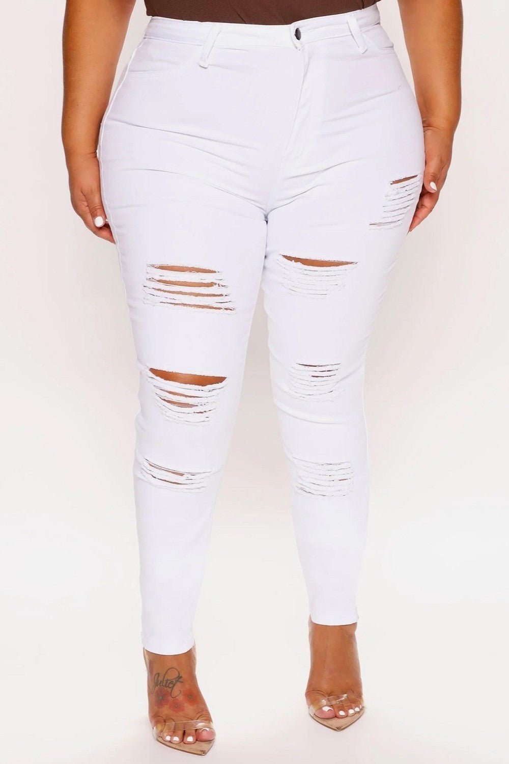 Kayla Plus Size High Rise Destroyed White Skinny Jean - Blaire Shops