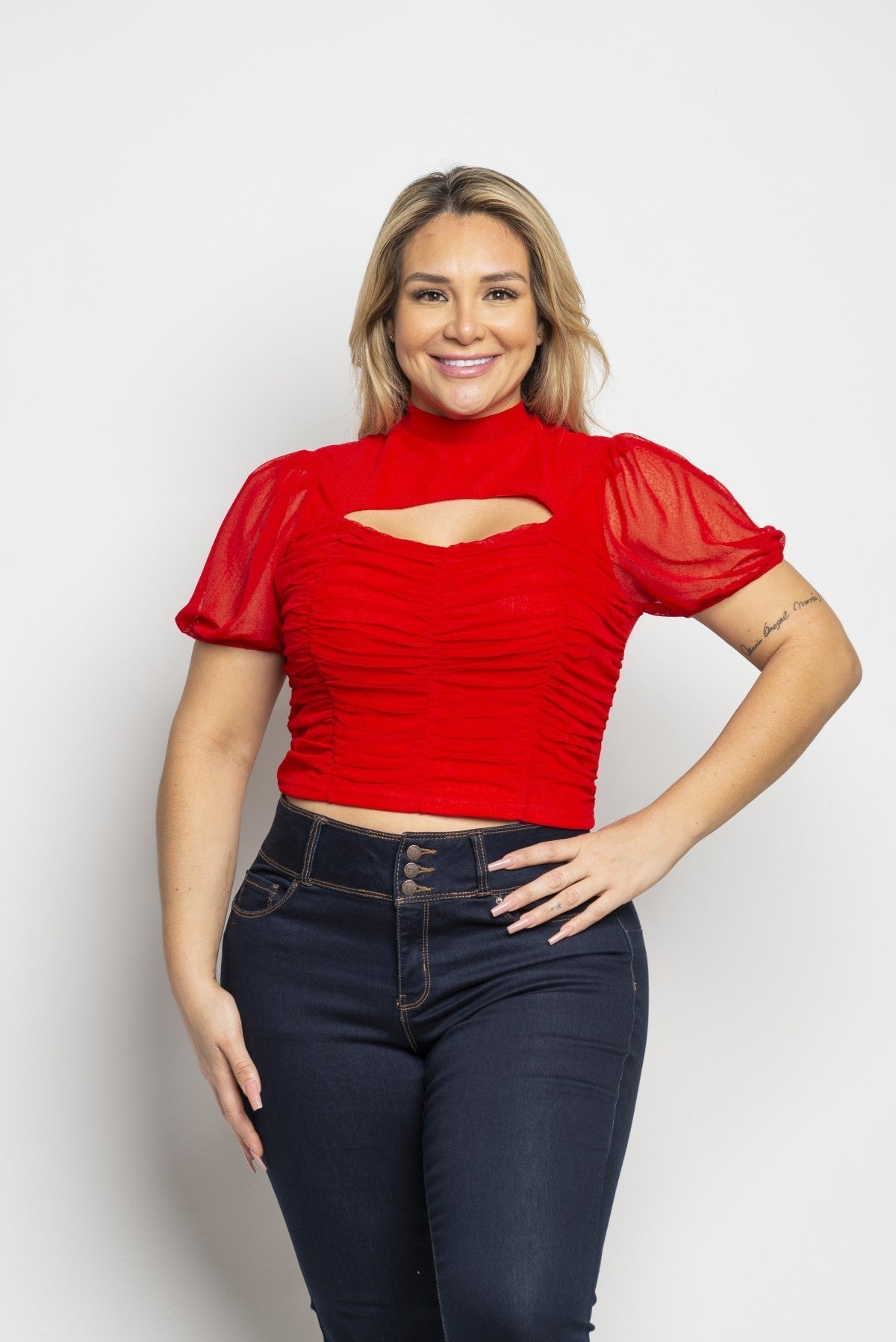 La Belle Nuit Sheer Sleeve Plus Size Top - Red for women Vacation Outfits Birthday Dresses Going Out Looks