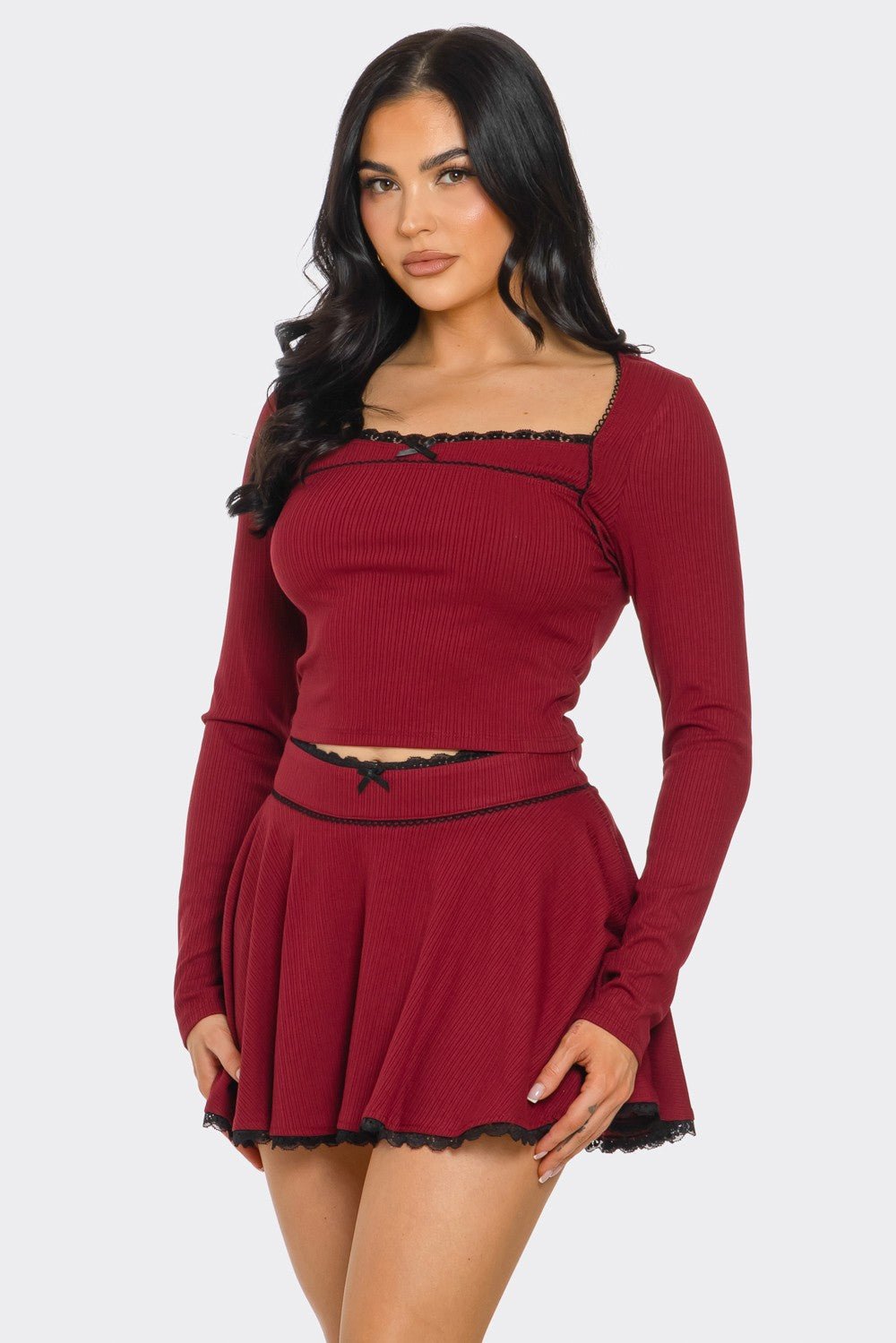 Lace Trim Long Sleeve Top and Skirt Set – Wine Red Two - Piece Outfit - Blaire Shops