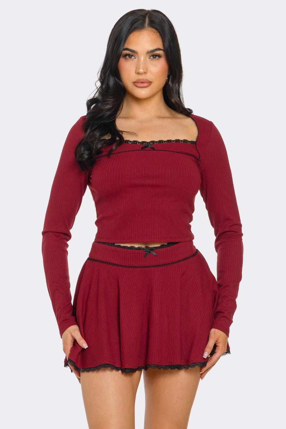 Lace Trim Long Sleeve Top and Skirt Set – Wine Red Two - Piece Outfit - Blaire Shops