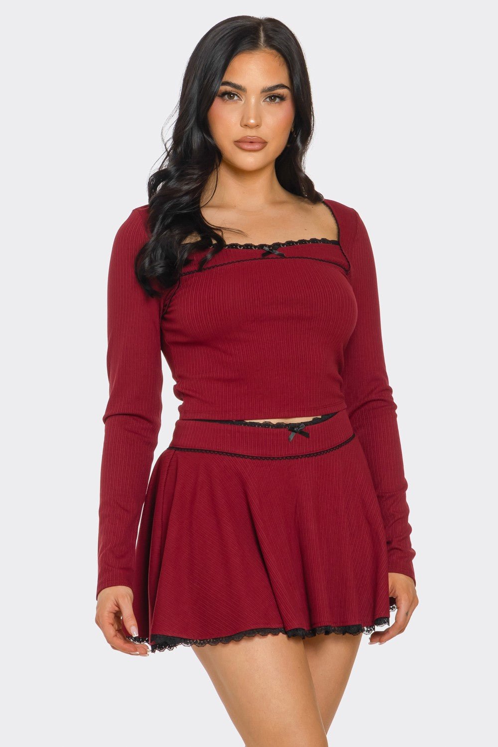 Lace Trim Long Sleeve Top and Skirt Set – Wine Red Two - Piece Outfit - Blaire Shops