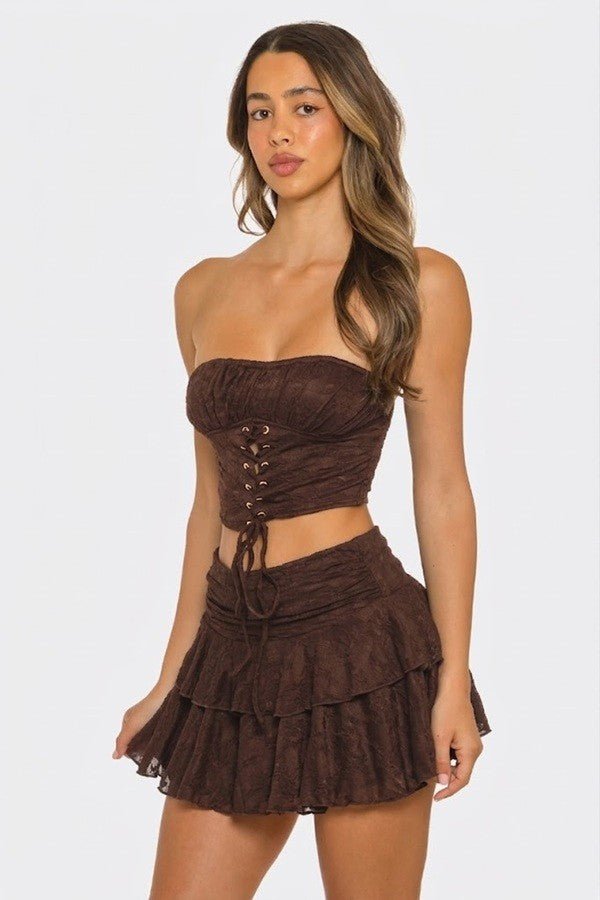 Lace - Up Tube Top & Ruffle Mini Skirt Set - Brown outfit for women Vacation Outfits Birthday Dresses Going Out Looks