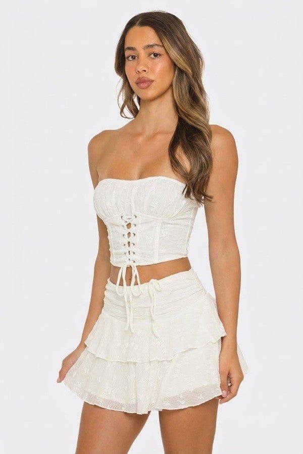 Lace - Up Tube Top & Ruffle Mini Skirt Set - Off white outfit for women Vacation Outfits Birthday Dresses Going Out Looks