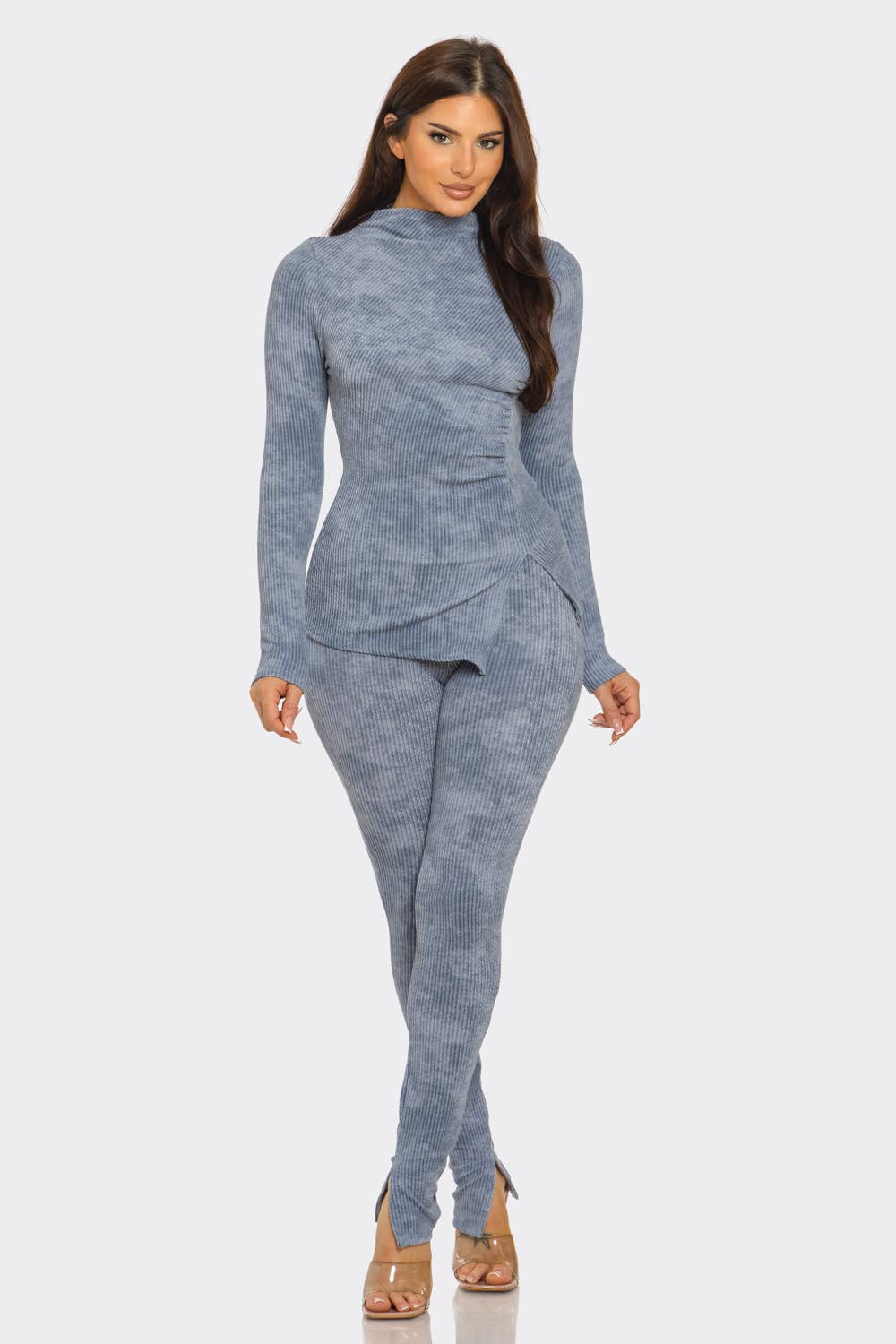 Laura Washed Urban Wave Rib Funnel Neck Top And Legging Loungewear Set - Blaire Shops