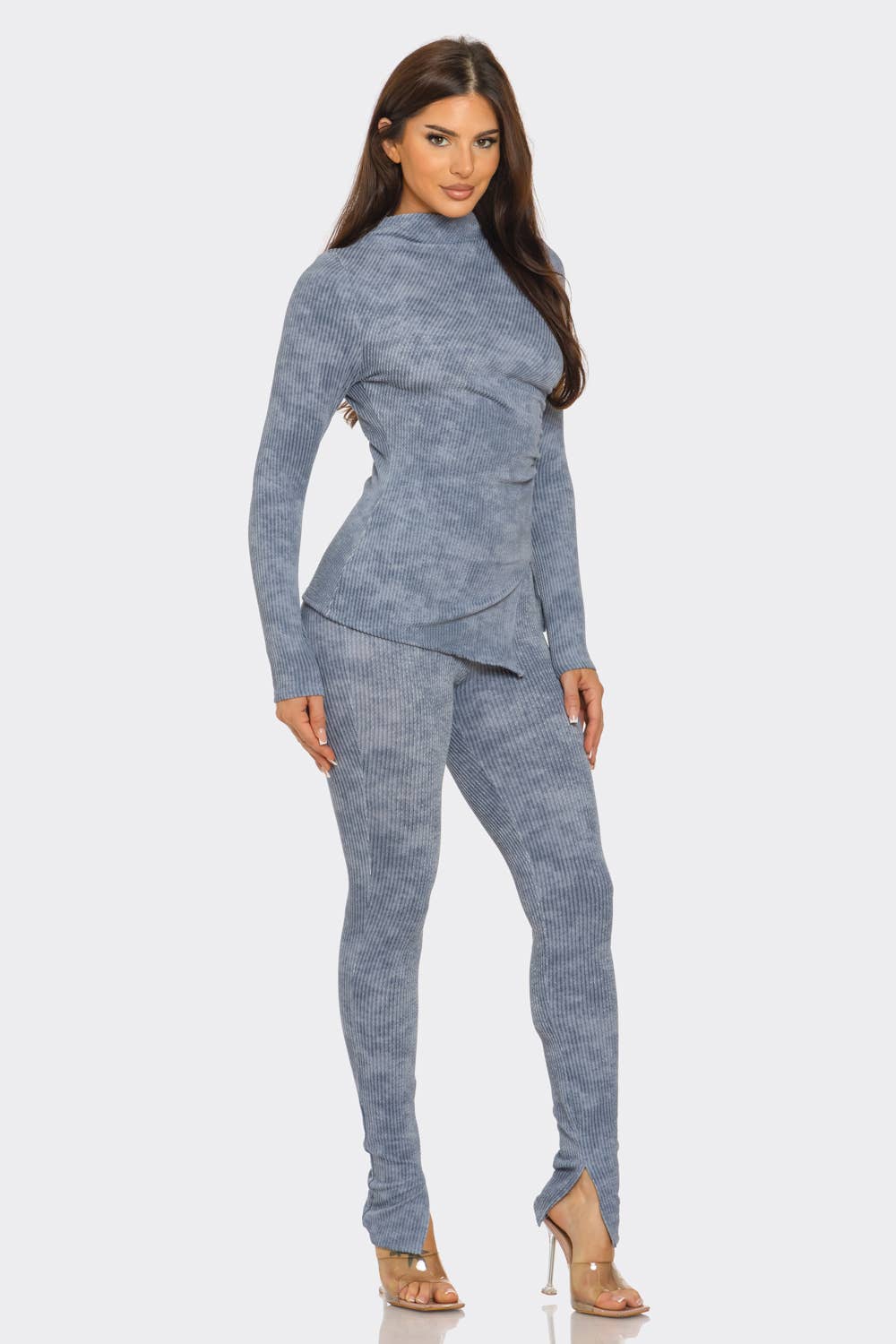 Laura Washed Urban Wave Rib Funnel Neck Top And Legging Loungewear Set - Blaire Shops