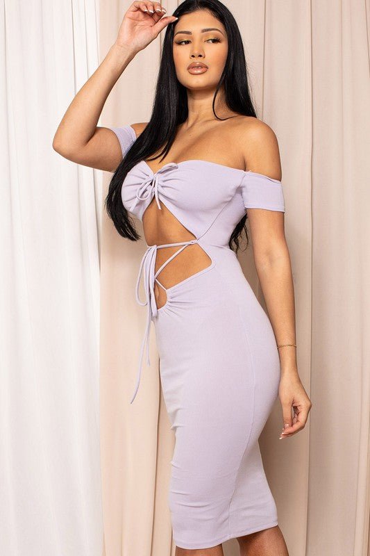 Lavender Clouds Off The Shoulder Self Tie Detail Midi Stretch Dress - Blaire Shops