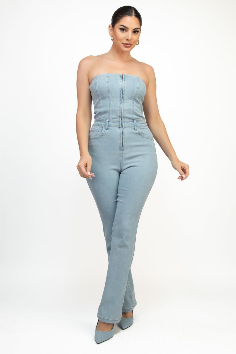 Lena Lightwash Denim Tube Strapless Stretch Zip - Up Pocketed Jumpsuit - Blaire Shops