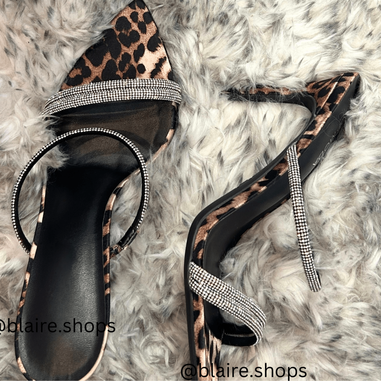 Leopardesse Leopard Print Pointy Toe Stiletto Rhinestone Slides - Blaire Shops