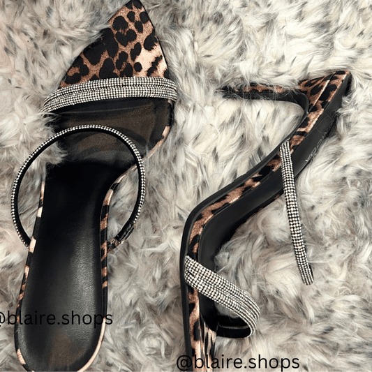 Leopardesse Leopard Print Pointy Toe Stiletto Rhinestone Slides - Blaire Shops