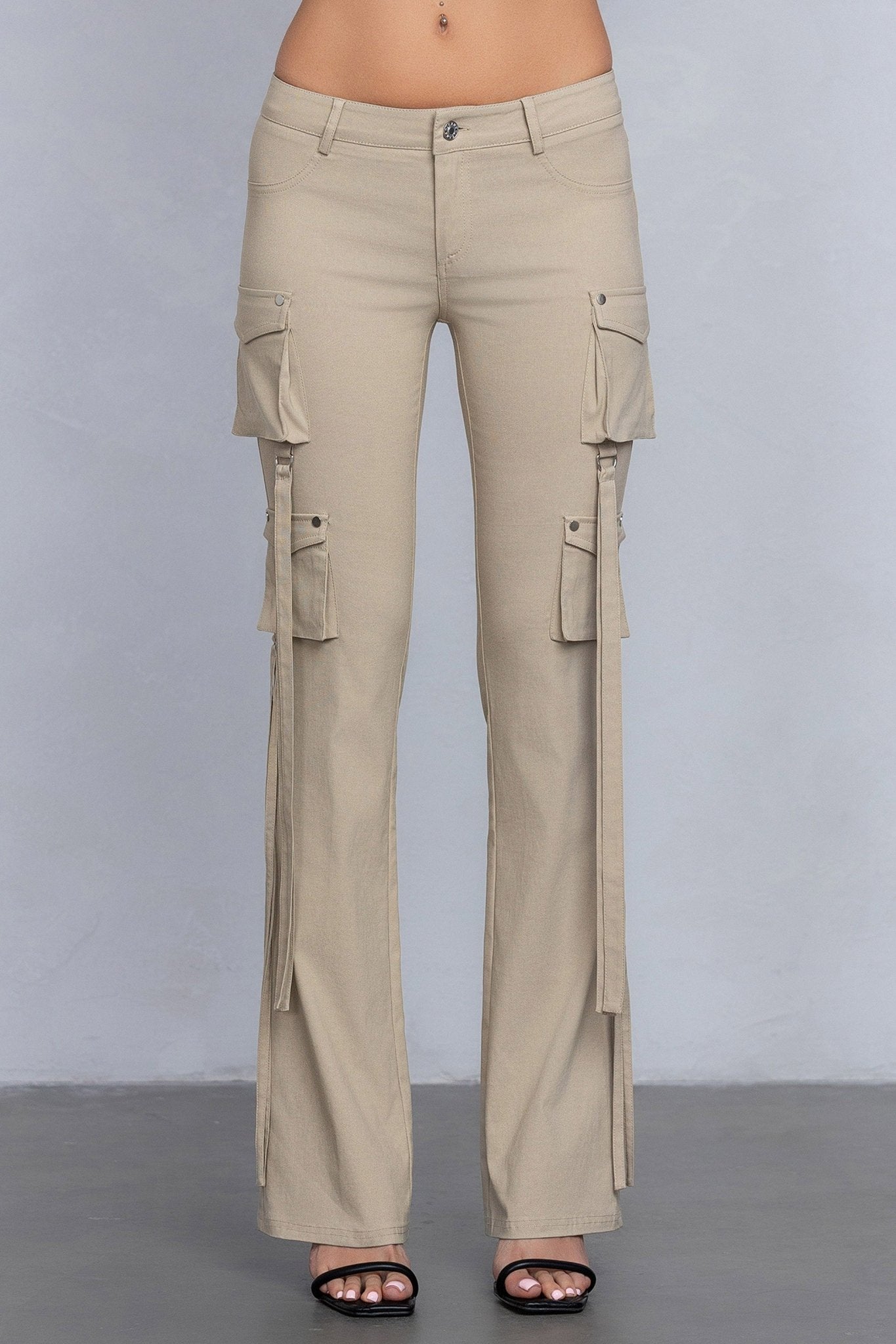 Low Rise Flared Cargo Pants | Stretchy Woven Streetwear with Strap Details - Blaire Shops