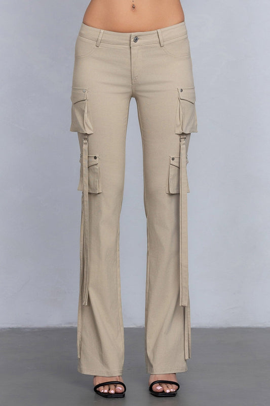 Low Rise Flared Cargo Pants | Stretchy Woven Streetwear with Strap Details - Blaire Shops