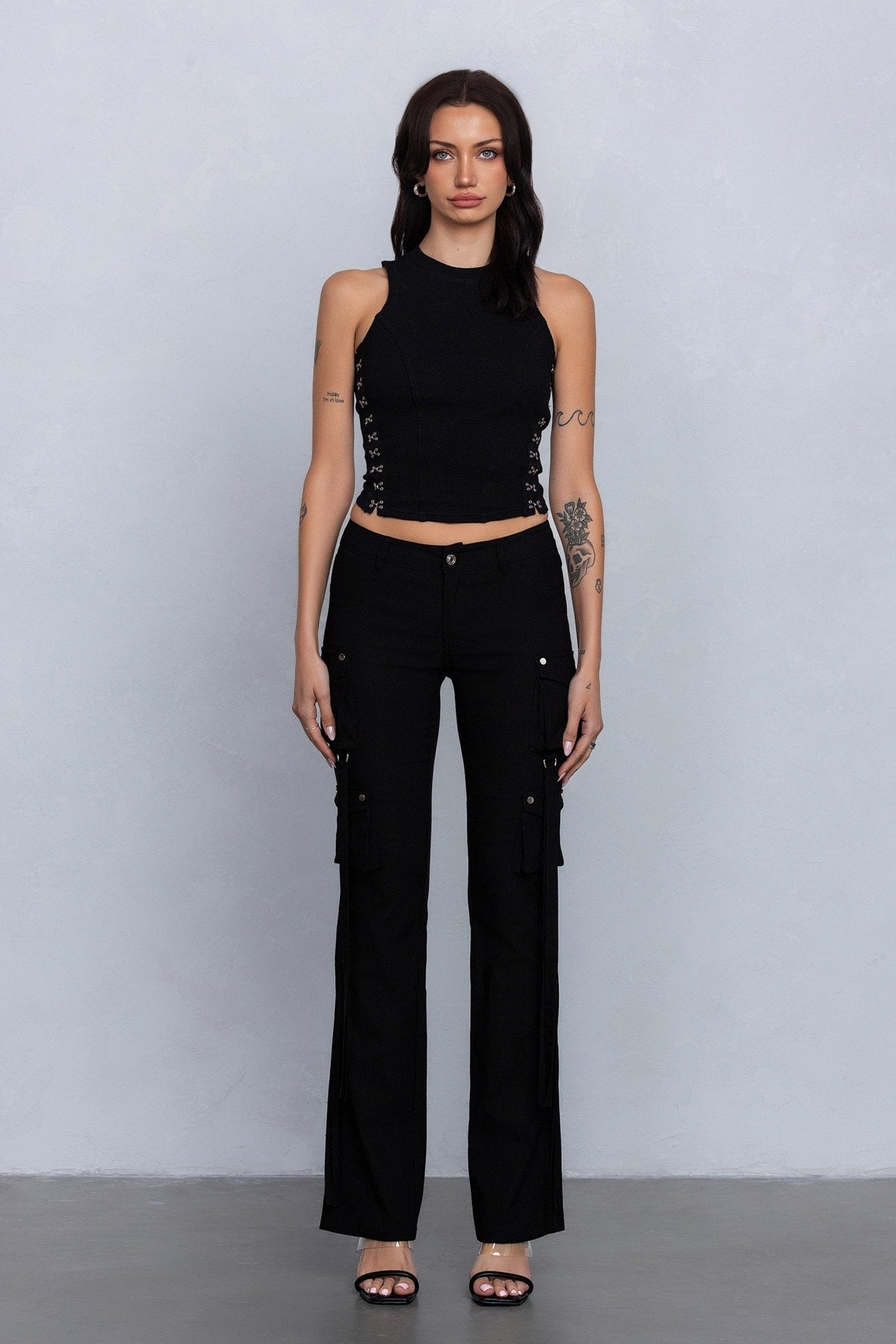 Low Rise Flared Cargo Pants | Stretchy Woven Streetwear with Strap Details - Blaire Shops