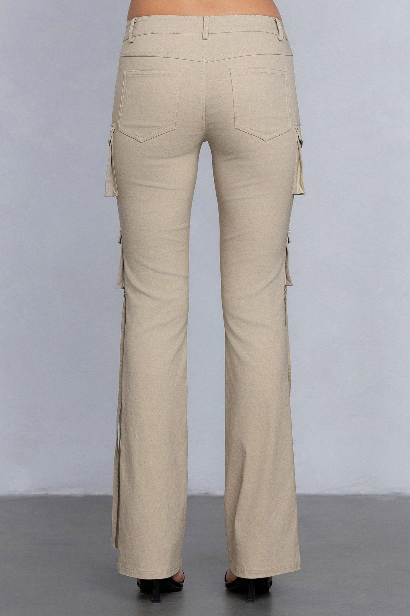 Low Rise Flared Cargo Pants | Stretchy Woven Streetwear with Strap Details - Blaire Shops