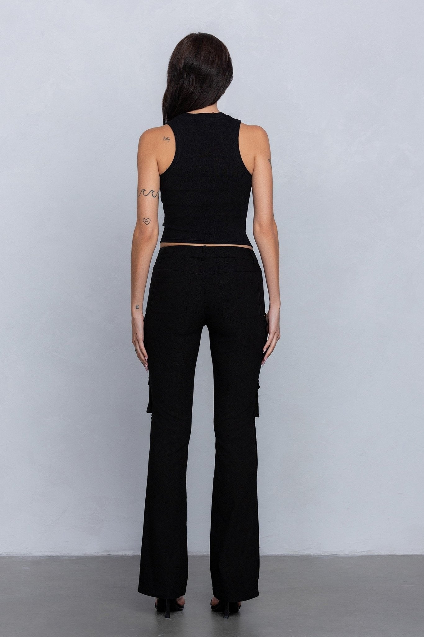 Low Rise Flared Cargo Pants | Stretchy Woven Streetwear with Strap Details - Blaire Shops