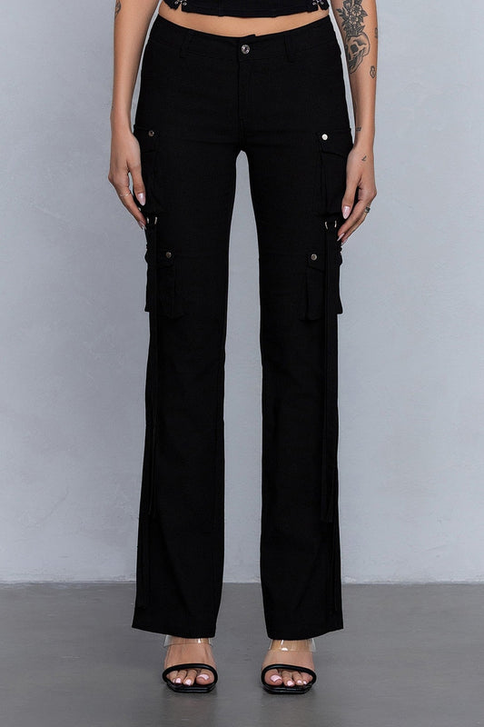 Low Rise Flared Cargo Pants | Stretchy Woven Streetwear with Strap Details - Black bottoms for women Vacation Outfits Birthday Dresses Going Out Looks