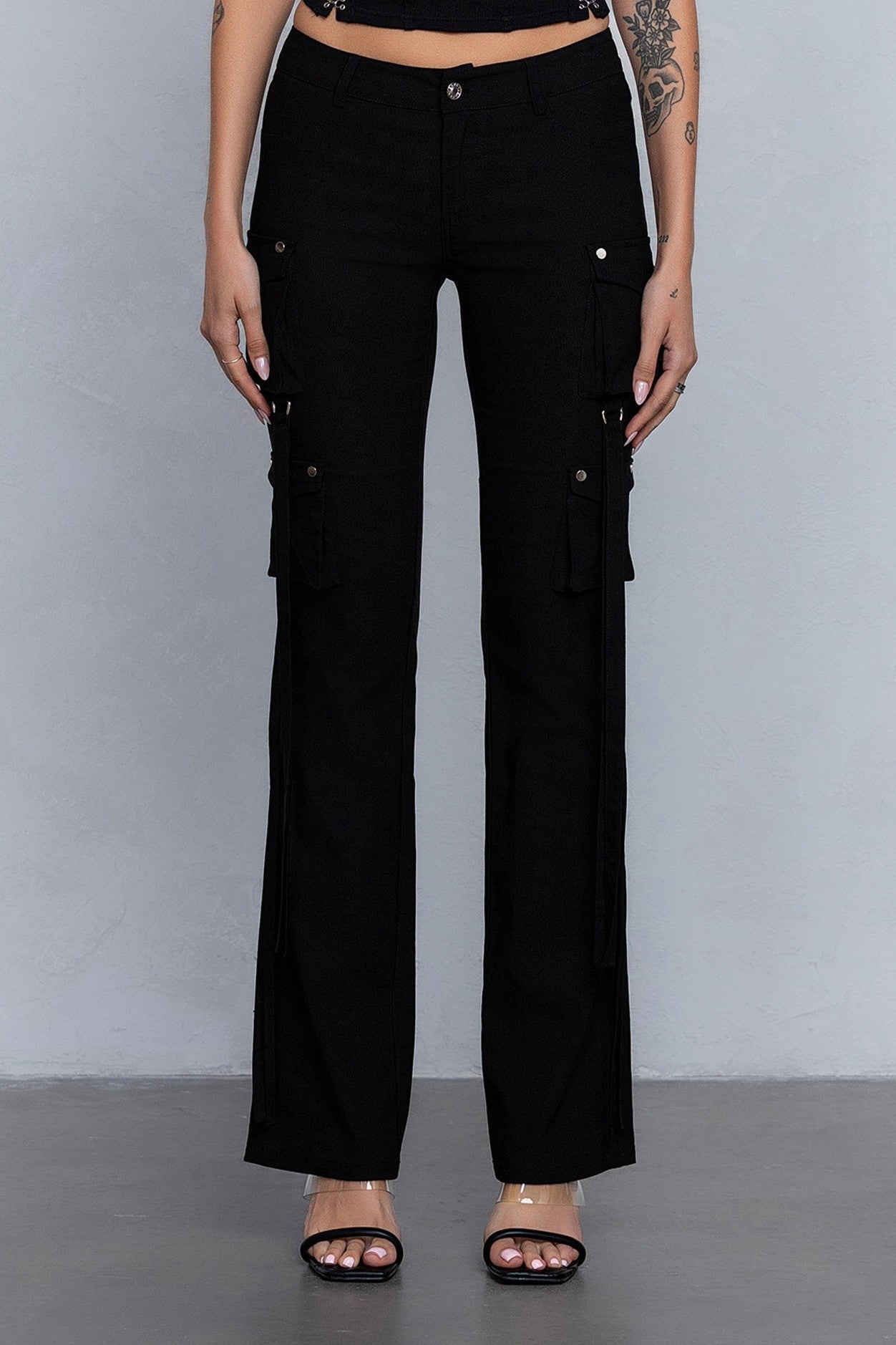 Low Rise Flared Cargo Pants | Stretchy Woven Streetwear with Strap Details - Blaire Shops