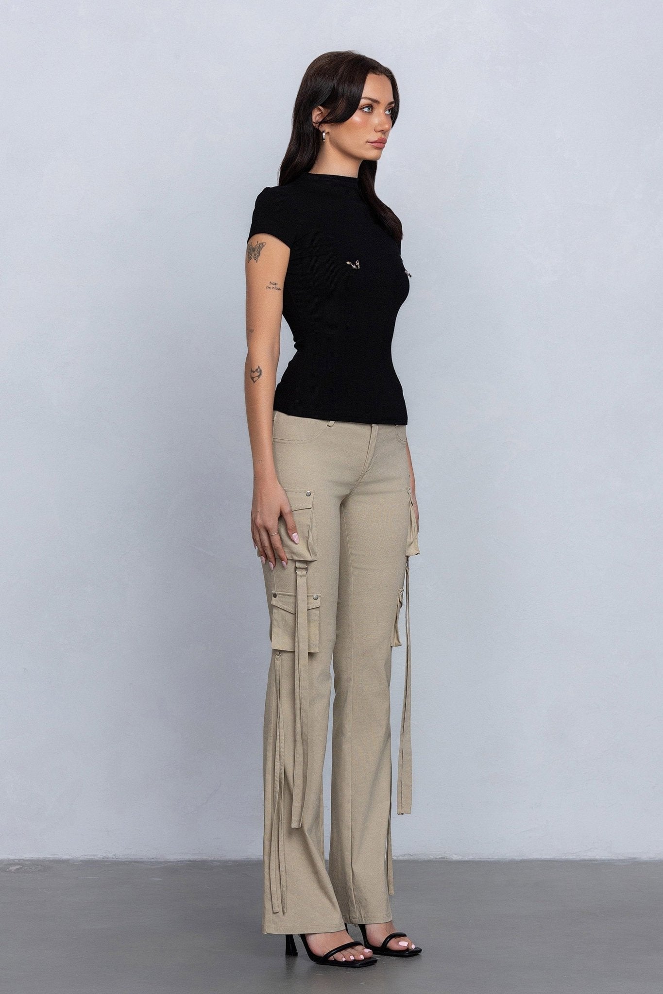 Low Rise Flared Cargo Pants | Stretchy Woven Streetwear with Strap Details - Blaire Shops