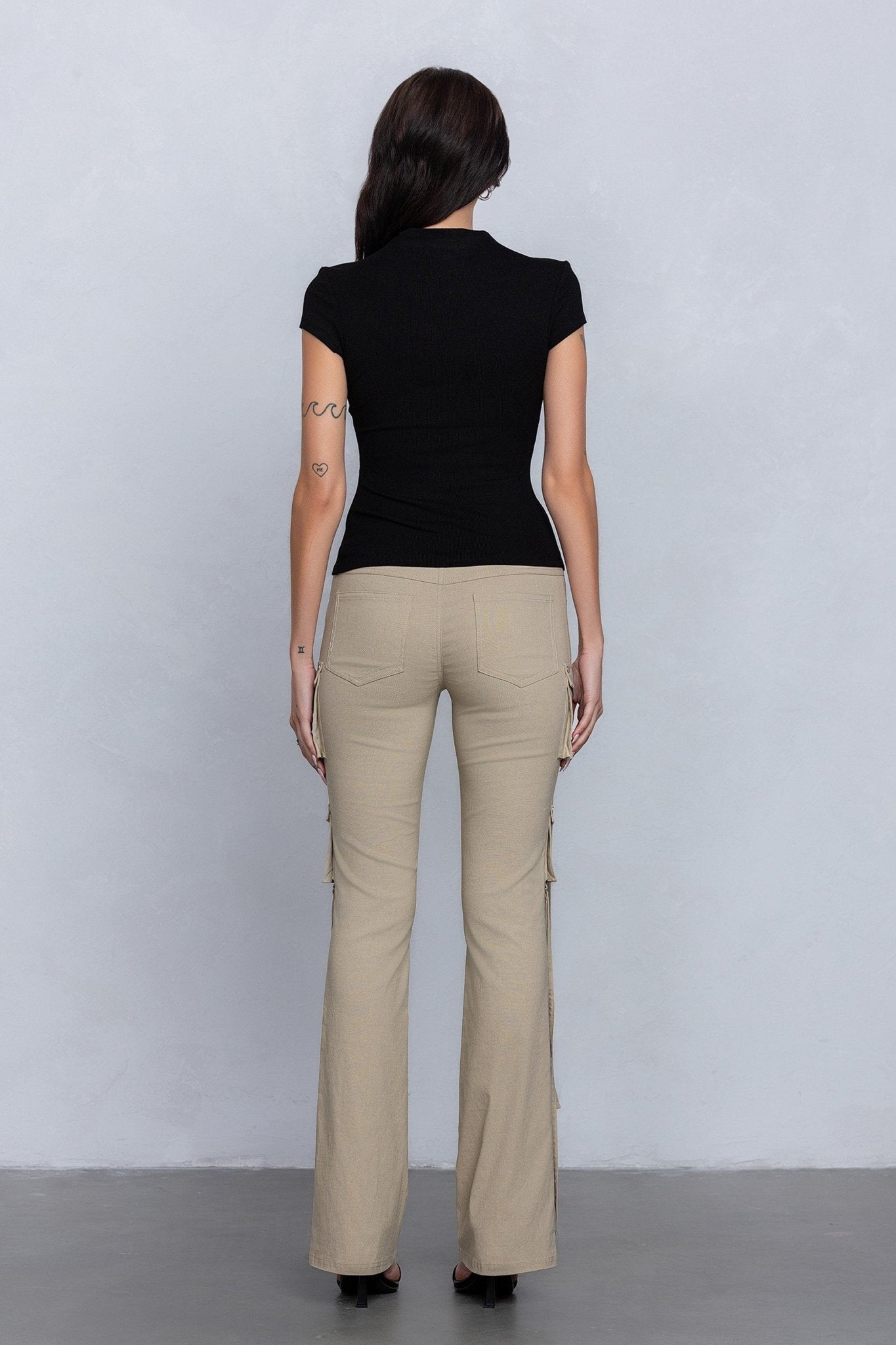 Low Rise Flared Cargo Pants | Stretchy Woven Streetwear with Strap Details - Blaire Shops