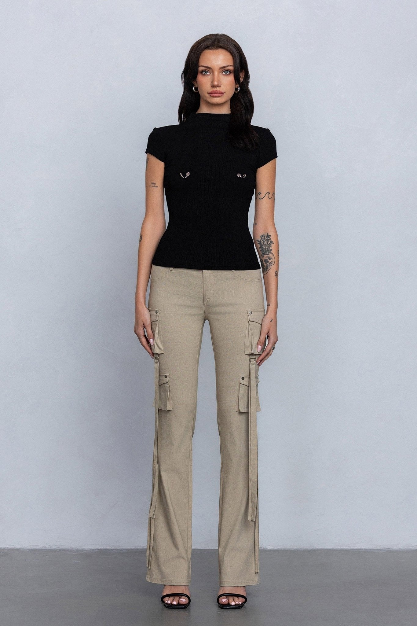Low Rise Flared Cargo Pants | Stretchy Woven Streetwear with Strap Details - Blaire Shops